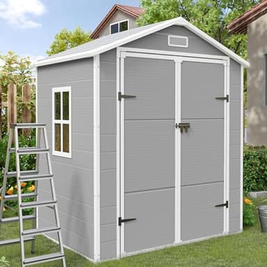 UDPATIO Gartenhaus wetterfest 183 x 137 x 210 cm, 3.9 m³, Kunststoff-Harz außerhalb Schuppen & Outdoor-Lagerung für Mülleimer,Rasenmäher mit abschließbarer Tür für Rasen, Terrasse, Grau & Weiß