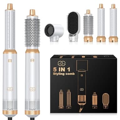 Airstyler 5-in-1 Lockenstab, Golden Goods Hairstyler Set mit Warmluftbürste, Glättbürste, 1000W Haartrockner, Geben Sie Volumen, Glätten, Locken und Föhnen, Rundbürstenföhn