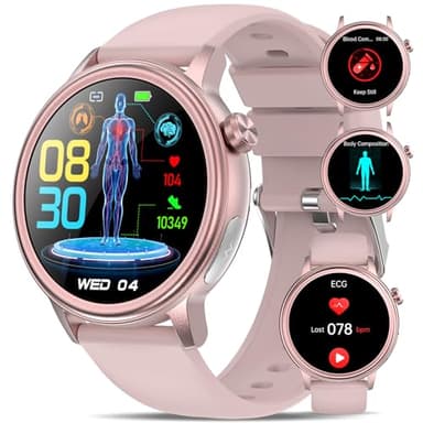 Smartwatch mit EKG Gesundheitsuhr Damen blυtdrυckmessυng/BMI/HRV/Hαrnsäure/Telefonfunktion/SOS-Taste 24H Herzfrequenz SPO2 ΒΙutdrυck Schlafmonitor Stress Fitness Uhr 2025 Neue (Kirschblütenrosa)