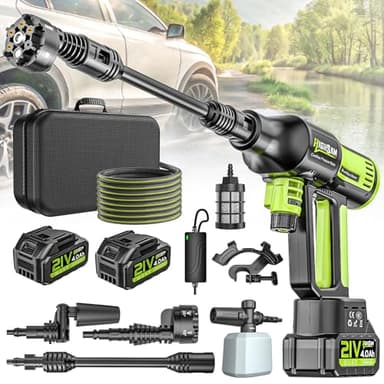 Akku Hochdruckreiniger, highsam Pressure Washer 4-Gang-Modus Max 120Bar, Druckreiniger Mobiler mit 2x4.0Ah Batterien, 6-in-1und 180° Drehbare Düse, Schaumsprüher, 5M Schlauch | Reinigung Bewässerung