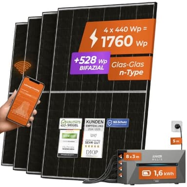 Solarway® All In One Balkonkraftwerk mit Speicher 1800W komplett Steckdose - 1,6 kWh Anker Solix 2 PRO Speicher - Solaranlage Komplettset - 440W Solarmodule & Anker Speicher & Zubehör