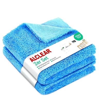 ALCLEAR 820203K_2 Mikrofasertücher 2er Set 40x40 cm – für Hochglanzküche, Möbelfronten, Lack, Kunststoff, Glas, fusselfrei, streifenfrei, ultraschallgeschnitten, nebelfeucht nutzbar, waschbar 60° C