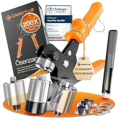CRAFTUS® Alpha Ösenzange für Planen & Stoffe mit wechselbarem Stanzkopf [10mm] I Ösenpresse mit 200 rostfreien Edelstahl Ösen Set I Ösenzange Set mit Magnetkopf