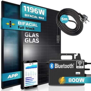 SUNNIVA 1196W Balkonkraftwerk 800W komplett Steckdose - TSUN 800W Wechselrichter - PV Solaranlage Komplettset - 2x 460W BIFAZIAL FULL BLACK Glas/Glas Solarmodule - inkl. 5m Kabel - Bluetooth WIFI