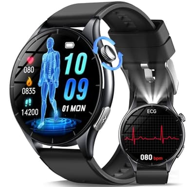 2026 Neue Smartwatch Herren mit EKG/ΒΙυtｚυcker/BMI/HRV/Harnsäure/LED-Licht,1,56" AMOLED Rund Gesundheitsuhr mit 24H ΒΙutdruck/SpO2/Pulsuhr, Schlaf/Apnoe-Monitor, SOS-Notruf Fitnessuhr für iOS Android