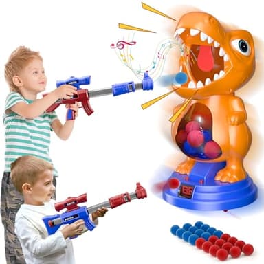 fygurso Bewegliches Dinosaurier Schießspielzeug mit 2 Luftpumpenpistolen, Zielschießspiele mit LED Punktzahl, Licht und Ton, 24 Schaumball Kinder ab 3 4 5 6 7 8 9+ Jahre Spiele Geschenk für Junge