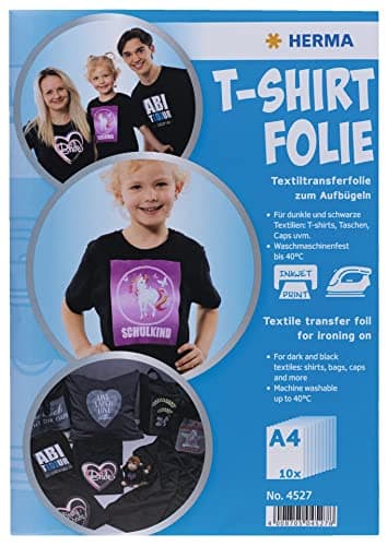 HERMA Transferpapier für dunkle Textilien, A4 Inkjet Bügelpapier zum Bedrucken & Aufbügeln, 10 Blatt, Transferfolie für schwarzen Stoff, Bügelfolie zum Selbstgestalten, Bedruckbare T-Shirt Textilfolie