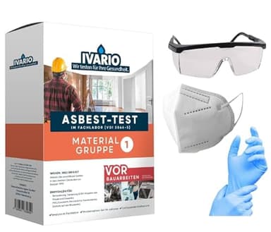 IVARIO Asbest-Test für Dämmplatten, Eternit, Linoleum, Fensterkitt, Zement, PVC, Dichtungen, Cushion-Vinyl uvm. + Probenahme-Schutz-Set (XL)