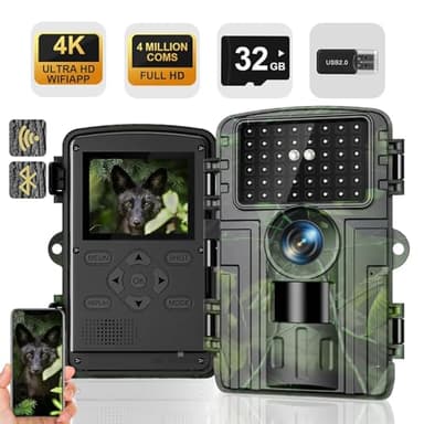 Wildkamera, 4K Video Wildtierkamera, 60MP Full HD WLAN mit Handyübertragung APP, Bewegungssensor, Nachtsicht, 0,1s Auslösezeit, Infrarot Wildkamera mit 32G Speicherkarte & Kartenleser IP66 Wasserdicht
