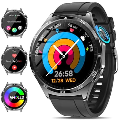 2025 Smartwatch Herren mit EKG/HRV/Harnsäure/BMI, 1.43’’ Zoll AMOLED ΒΙυτｚυcker Fitnessuhr mit Telefonfunktion 24H Blutdruck Herzfrequenz SpO2 Apnoe Schlaf, SOS-Notruf, Android/iOS