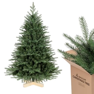 SALCAR Weihnachtsbaum künstlich 210 cm mit Holzständer, PE naturgetreue Spritzguss Elemente & PVC Nordmanntanne, 2,1 m Tannenbaum künstlich (Ø 130 cm)