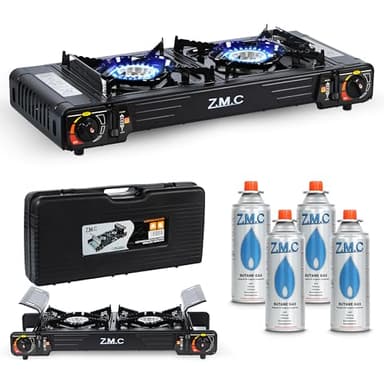 Z.M.C PREMIUM Camping Gaskocher 2-flammig + 4 Gaskartuschen 227g, Campingkocher mit Zündsicherung für Outdoor und Innenraum, Doppelgaskocher mit Piezozündung