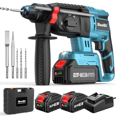 Seesii 2,5J Akku Bohrhammer: 600W Brushless Motor, mit 2 * 4,0AH Akkus und Ladegerät, Verbessertem Sicherheitsdesign, Multifunktionale Akku Schlagbohrmaschine für Heimwerker und Bauarbeiten