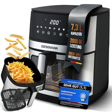 DIESEMANN® Heißluftfritteuse XXL 7,3L – 2000W Airfryer mit Ober- & Unterhitze, Sichtfenster & 8 Programmen – fettarm frittieren & knusprig genießen | Air Fryer, Luftfritteuse
