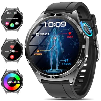 2025 Neu Smartwatch Herren mit EKG/ΒΙυtｚυcker/Harnsäure/BMI Rund 1,43" AMOLED Fitness Gesundheitsuhr mit 24/7 Herzfrequenz Blutdruck SPO2,Schlaf/Apnoe-Monitor Bluetooth-Anrufe,SOS-Notruf, Android/iOS