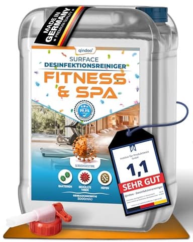 Qindoo 5L Desinfektions-Reiniger Fitness SPA, Desinfektionsmittel - Reiniger für Fitnessstudio, Sport-Studio, Reha, Sauna, Home-Gym, Reinigung Desinfizierung in einem Arbeitsgang, 5L mit Hahn