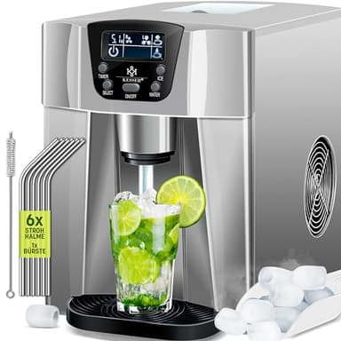 KESSER® Eiswürfelbereiter | Eiswürfelmaschine Edelstahl | 100W Ice Maker |12 kg 24 h |2 Würfelgrößen | Zubereitung in 6 min | 2 Liter Wassertank | Timer | LCD-Display | Wassertank, mit Zubehör Silber