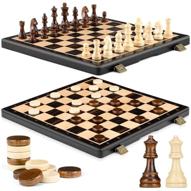 Peradix 38CM Schachspiel Holz Hochwertig - 2 In 1 Magnetisch Schachbrett Holz, Reiseschach für Kinder und Erwachsene, Naturholzfarben, Schachspiel & Checkers Set