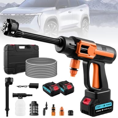 Akku Hochdruckreiniger, 21V Mobile Hochdruckreiniger Mit 2 Akku, 6-in-1 Düse, 5M Schlauch, 120Bar Hochdruck Autowaschpistole Tragbarer Kabelloser Druckreiniger für Auto, Rasen, Garten, Terrasse