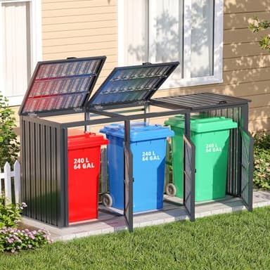 YODOLLA Mülltonnenbox 3er, Mülltonnenverkleidung 3 Tonnen bis 240L, Abschließbar Gartenschrank Wetterfest Geräteschuppen für den Außenbereich, 236x79x124cm, Dunkelgrau