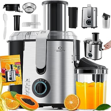 KESSER® Entsafter für Obst und Gemüse aus Edelstahl 1100W große 85 mm Einfüllöffnung 3 Geschwindigkeitsstufen, Saftpresse Juicer, inkl. Reinigungsbürste, Saftbehälter & Rezeptebuch, Grau/Silber