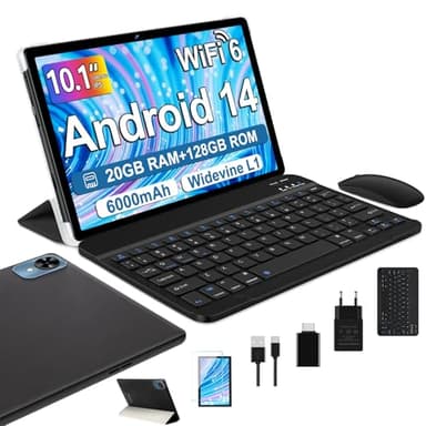 fezawio Android 14 Tablet 10 Zoll 20GB RAM+128GB ROM, Octa-Core Tablet WiFi 6, 6000mAh, (1TB TF) mit Tastatur und Maus+EIN Jahr Bildschirmversicherung-schwarz