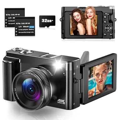 Digitalkamera 4K 48MP Autofokus Kamera Fotokamera mit 3" 180° Klappbildschirm, 4K Kompakte Digitalkameras mit 32GB Karte, 16X Digitalzoom, 2 Akkus für Anfänger, Teenager