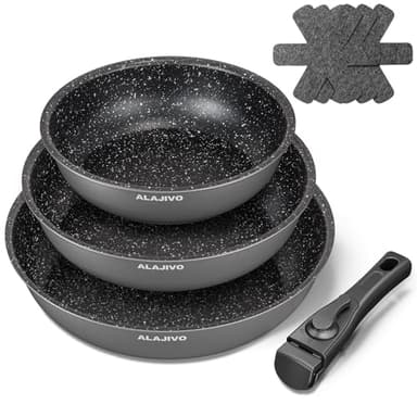 Pfannenset mit Abnehmbarer Griff, Pfanne Induktion, Bratpfanne mit Antihaft beschichtung, 7-Teiliges, 20+24+28 cm Platzsparend Pfannen, Pfannen Set für alle Herdarten, Spülmaschinen, Ofenfest (grau)