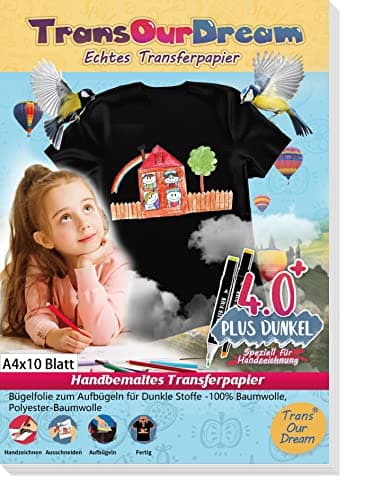 TransOurDream Echte Malen/Zeichnen Transferfolie,Bügelfolie für Dunkle Textilien,DIN A4X10 Blatt,T-Shirt Papier für dunkle T-Shirts(3-4.0-10)