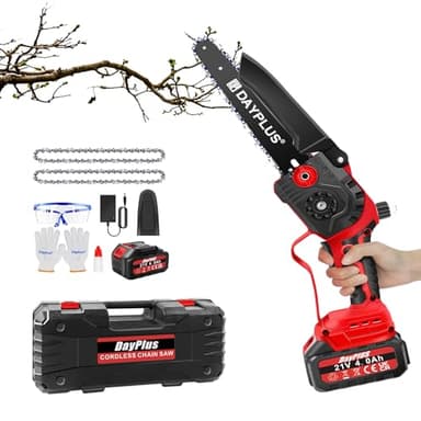 Mini Kettensäge, Akku Kettensäge, Astsäge, Handsäge zum Holzschneiden, Bürstenlose Tragbare 8 Zoll Hand Astschere, Kettensäge zum Baumschneiden, Holzschneiden, 21V Batterie und 2 Ersatzketten