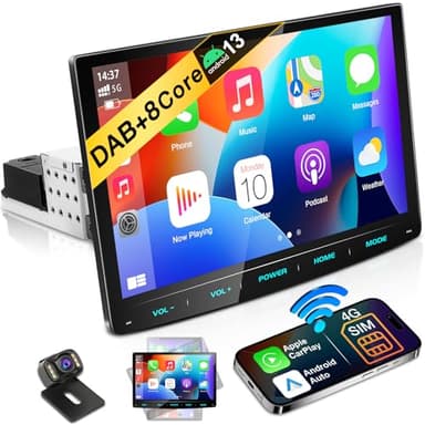 URVOLAX Android 13 Autoradio mit Bildschirm, 10.1 Zoll Wireless CarPlay Apple Android Auto Navi DAB+ 1 Din Radio Bluetooth Car Play Touch Display Monitor 8 Core 32G WiFi 4G GPS Rückfahrkamera
