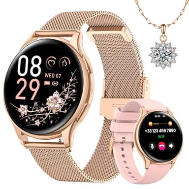 Sanorum Smartwatch Damen mit Telefonfunktion, Rund 1,27" HD Screen Armbanduhr mit 120+ Sport Pulsuhr SpO2 Schlafmonitor Menstruationszyklus IP68 Fitness Tracker Schrittzähler für iOS Android Roségold