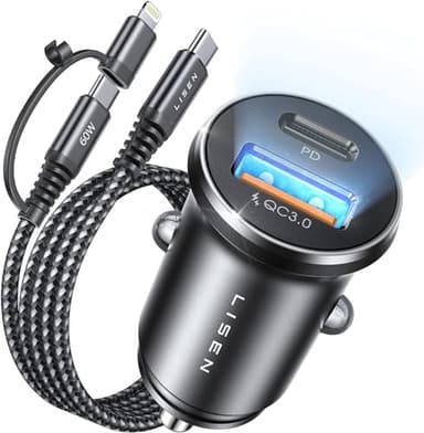 LISEN Zigarettenanzünder USB C Auto Ladegerät 54W PD&QC3.0 KFZ Ladegerät USB zigarettenanzünder Adapter 12v USB Adapter Auto Ladegerät mit USB C auf C/Lightning für Samsung S24 iPad iPhone 16 Pro 15