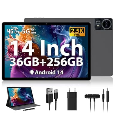RUSHAR Tablet 14 Zoll,Android 14 mit 36GB RAM+256GB ROM (1TB TF),4G LTE/SIM+5G WiFi,11580mAh|2240 * 1400 HD|Octa-Core 2.0GHz|13MP+8MP|Face ID|BT 5.0,Tablet mit Stift und Gehäuse,Grau