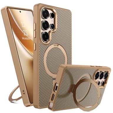 GUAGUA Magnetisch Handyhülle für Samsung Galaxy S25 Ultra Hülle [Kompatibel mit MagSafe] mit Ring Ständer Carbon Fiber Muster Stoßfest Schutzhülle Case für Samsung S25 Ultra (6,9'') Titan Wüstensand