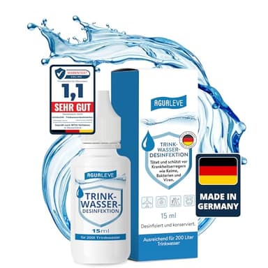 AGUALEVE® Trinkwasserdesinfektion 15ml für 200l Wasser *NEU* | Wasserentkeimung für Reisen, Notfall, Freizeit | Wasseraufbereitung Trinkwasser | Markenqualität Made in Germany | Note 1,1