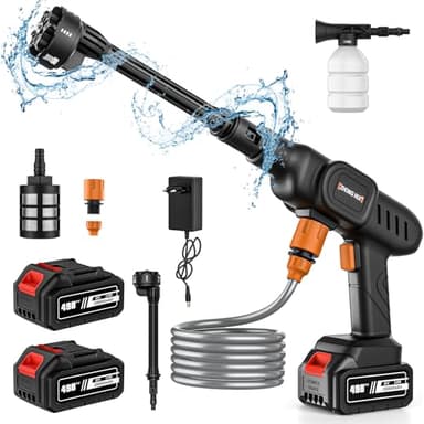 Hochdruckreiniger mit Akku, 20000mAh, 50 bar, kabelloser Hochdruckreiniger, tragbar, mit 6-in-1 Düse und 5m Schlauch, für Bewässerung & Reinigung des Autos (2 x 20000 mAh Akku)