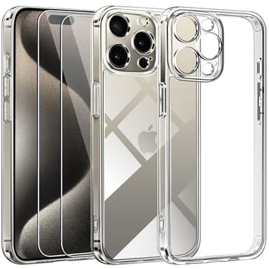 ivoler 3 in 1 Hülle für iPhone 15 Pro 6.1 Zoll, 1 Handyhülle mit 2 Stück Schutzfolie, [Nie Vergilbung] [Militärischer Schutz] [Kameraschutz] Dünn Transparent Stoßfest Schutzhülle Kratzfest Case