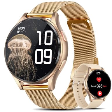 Lgnitek Smartwatch Damen mit 𝐄𝐊𝐆+HRV/ΒΙυtｚυcker/BMI/Harnsäure, Rund 1,43" AMOLED Gesundheitsuhr mit Telefonfunktion, 24H Pulsuhr SpO2 Schlafmonitor Menstruationszyklus Fitness Tracker iOS Android