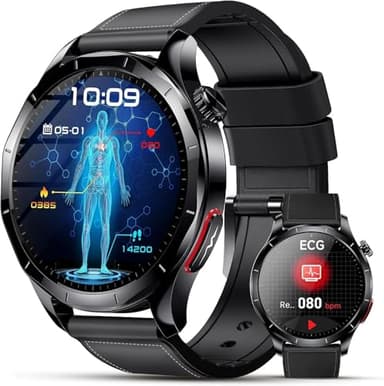 Lgnitek Smartwatch Herren mit EKG+HRV/ΒΙυtdruckmessung/ΒΙυτｚυcker/Harnsäure/BMI, 1,43 Zoll AMOLED Gesundheitsuhr mit SOS-Notruf, 24/7 Herzfrequenz/Apnoe/Schlafmonitor/SpO2, Android/iOS