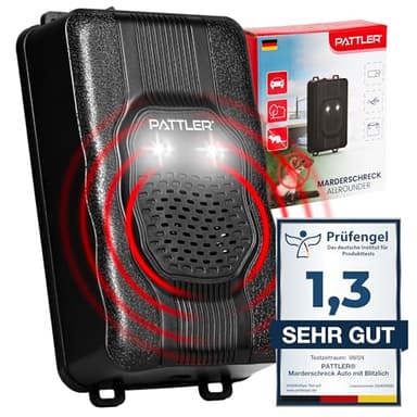 PATTLER® Marderschreck Auto mit Blitzlicht - Marderabwehr mit Flexible Stromversorgung - 12V Autobatterie, AA-Batterie oder USB - Effektiver Marderschutz für Auto, Garten, Dachboden - 1 Stück
