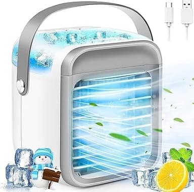 Klimaanlage Mobil 3-in-1 Mini Ventilator Leise, Mobile Klimaanlage ohne Abluftschlauch 3 Geschwindigkeiten 7 Farben Nachtlicht Einstellbare Windrichtung, Ventilator mit Sprühen für Schlafzimmer Büro