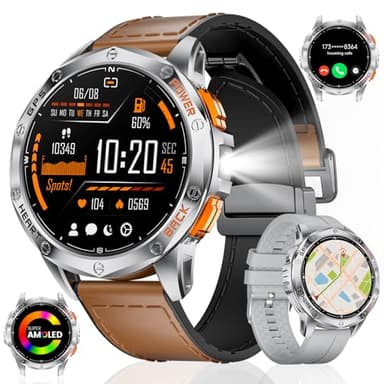 GPS Smartwatch Herren mit LED Taschenlampe,1.43‘’Amoled Display,Fitnessuhr mit 530 mAh Große Batterie,120+ Sport Modi,10ATM Wasserdicht,Herzfrequenz/Schrittzähler/Höhenmesser/Kompass für iOS Android