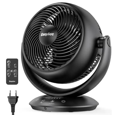 EasyAcc Ventilator Leise, 25dB Tischventilator sehr Leise, 90° Auto-Oszillation Horizontal und Vertikal 3D Turbo Ventilator mit Fernbedienung, 3 Geschwindigkeiten, 2-12H Timer für Schlafzimmer-Schwarz