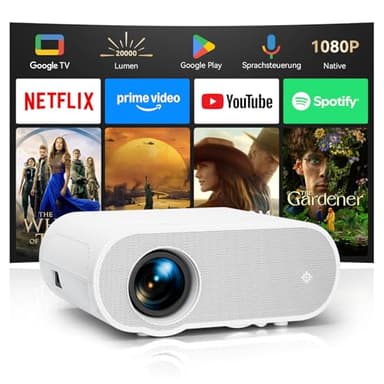 Beamer【Google TV/Netflix】 Beamer 4K mit Play Store, 20000 Lumen Mini projektor Full HD 1080P, LED projektor 4K Heimkino mit Sprachsteuerung, Projektor Handy Kompatibel mit Smartphone/Laptop/HDMI