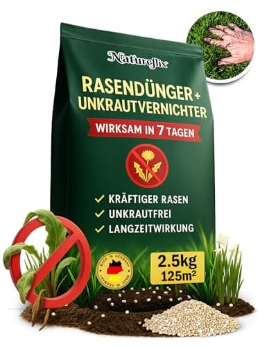 Natureflix Rasendünger mit Unkrautvernichter extra stark | 2,5kg für 125m² | 2-in-1 | Der Rasenunkrautvernichter vernichtet Klee, Löwenzahn & mehr | für dichten, grünen Rasen im Frühjahr & Sommer