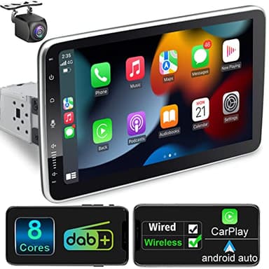 Android 12 Autoradio mit Navi 10.1 Zoll Bildschirm Eingebaut DAB+ Wireless Android Auto & Wireless Carplay 1 Din Auto Radio Touch Display mit Bluetooth 8 Core 2G+32G WiFi 4G GPS RDS AM Rückfahrkamera