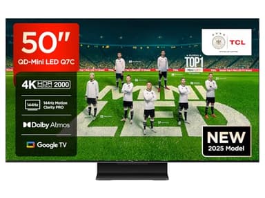 TCL 50Q7C QLED Mini LED Fernseher, 50 Zoll, 4K HDR Premium, Dolby Vision IQ & Atmos, Smart TV mit Google TV, Onkyo 2.0 Sound, 144Hz VRR, AMD FreeSync Premium Pro, HDMI 2.1, AirPlay 2, Alexa