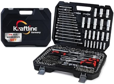 Kraftline® Werkzeugkoffer gefüllt 216-tlg, Werkzeug-Set Komplett bestückt für Heimwerker & Kfz, Werkzeugkasten Toolbox, Universal Werkzeuge Edelstahl Werkzeug-Sets für Werkstatt & Zuhause in Schwarz