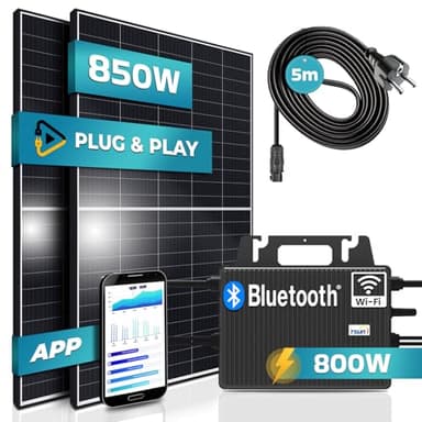 SUNNIVA 850W Balkonkraftwerk 800W komplett Steckdose - TSUN 800W Wechselrichter - PV Solaranlage Komplettset - 2x 425W Solarmodule - inkl. 5m Kabel - Bluetooth WIFI